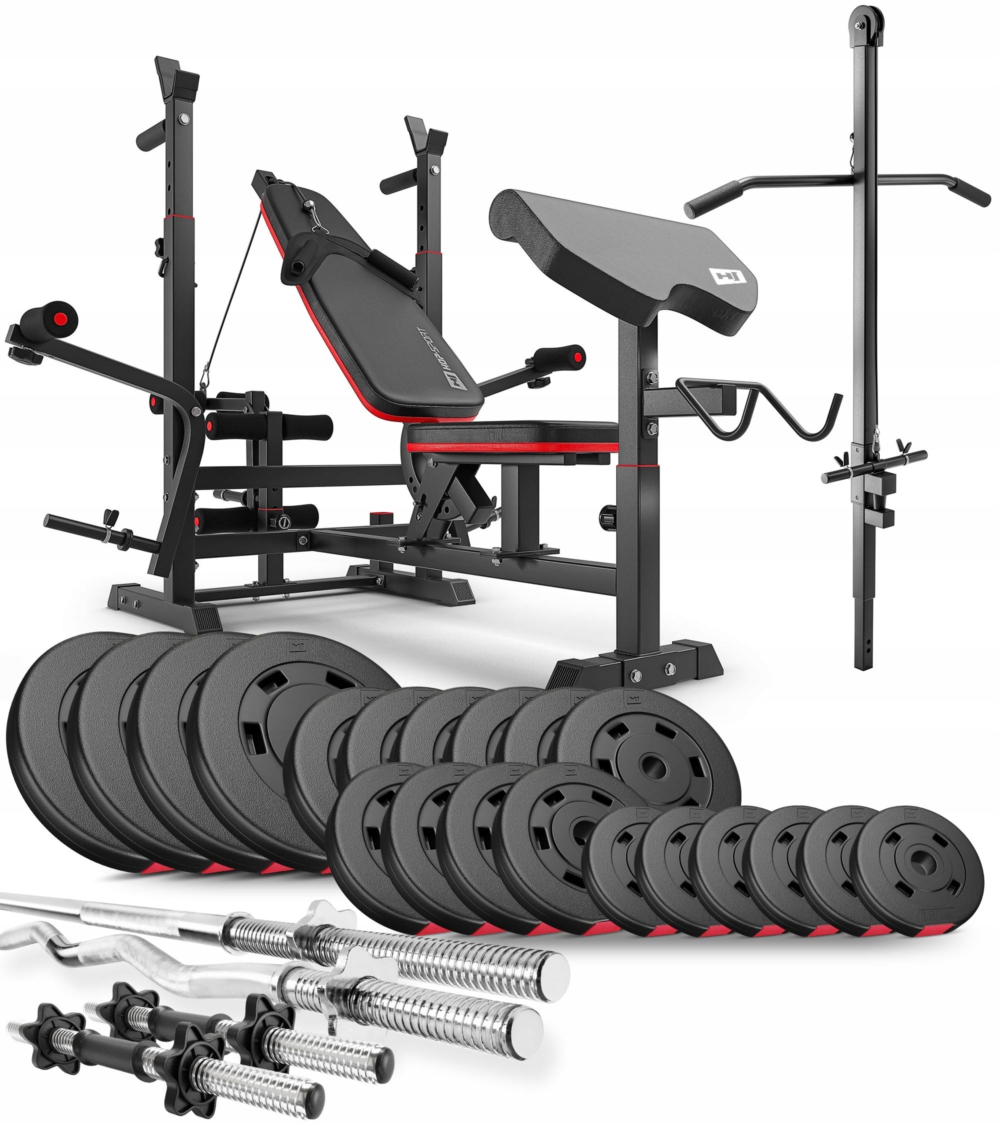 Hop-Sport Premium 105 kg kulturistická sada s lavicou HS-1075, kladkou a činkami