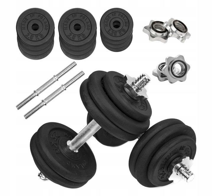 Nastaviteľné liatinové činky 2 × 15 kg 30 kg set s osami 28 mm a liatinovými kotúčmi