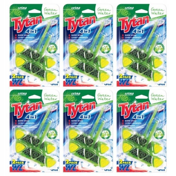 Tytan Green Water WC blok 12 ks × 40 g – štvorfunkčná závesná toaletná kocka so zelenou vodou