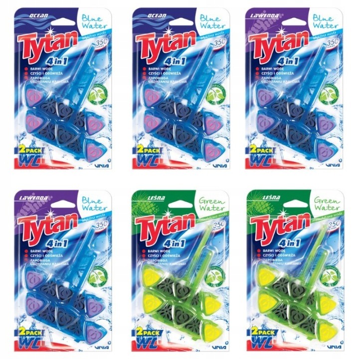 Tytan 4v1 WC bloky 12 ks × 40 g – závesné toaletné kocky s farebnou vodou oceán, les a levanduľa
