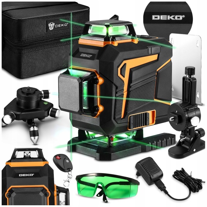 DEKO DKLL16PS1 4D krížový laser 360° zelený lúč s batériou, diaľkovým ovládaním a príslušenstvom