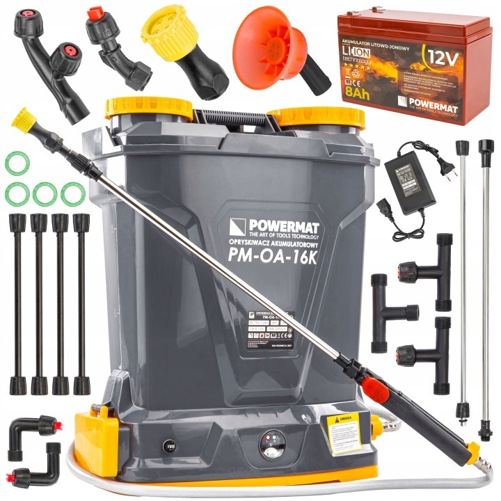 Powermat PM-OA-16K akumulátorový chrbtový postrekovač 16 l – elektrický tlakový postrekovač s Li-Ion batériou 12 V 8 Ah a 4 tryskami