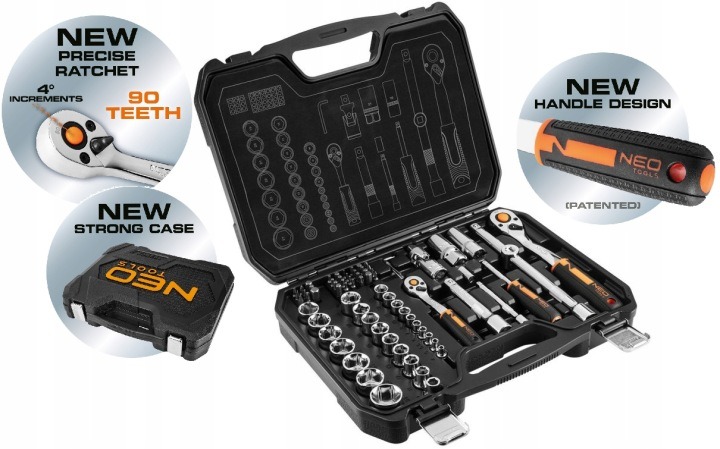 NEO TOOLS MOTO BASE 10-054 sada nástrčných kľúčov 1/4" a 1/2", 73 ks, CrV, 90-zubové račne