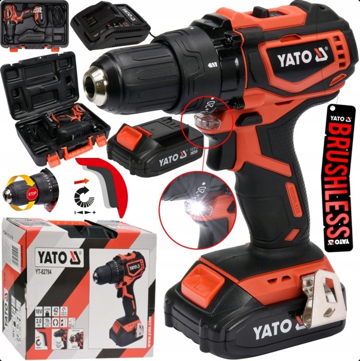 YATO YT-82794 18V bezuhlíková vŕtačka-skrutkovač 42 Nm s batériou 2 Ah a kufrom