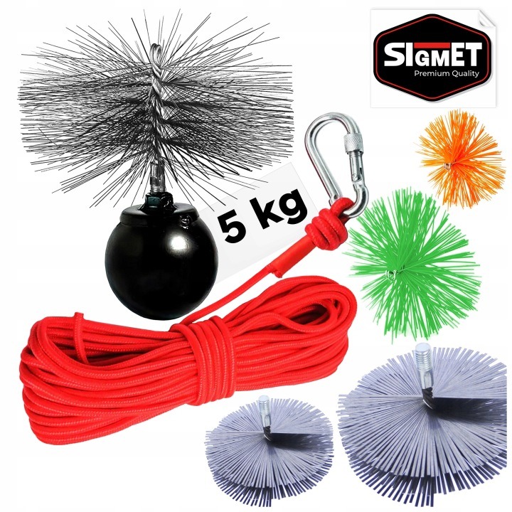 Sigmet súprava na čistenie komína – guľa 5 kg Ø 120 mm, kefa Ø 200 mm a lano 12 m