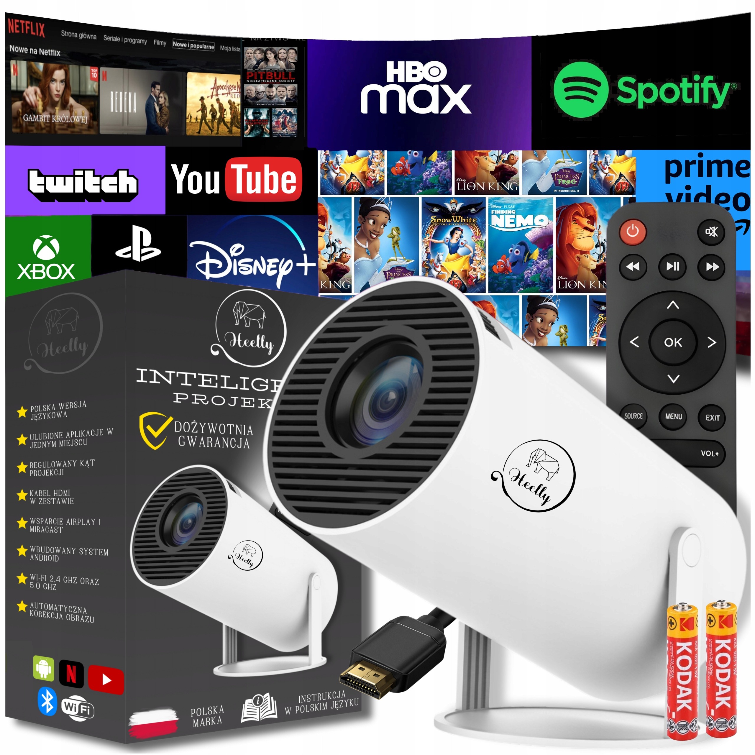 Mini projektor HEELLY Android TV Smart 4K Full HD WiFi Bluetooth – prenosný projektor s reproduktorom