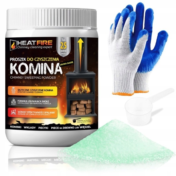 HeatFire Chimney Cleaning Expert 1 kg – čistiaci prášok na sadze a decht + odmerka a rukavice