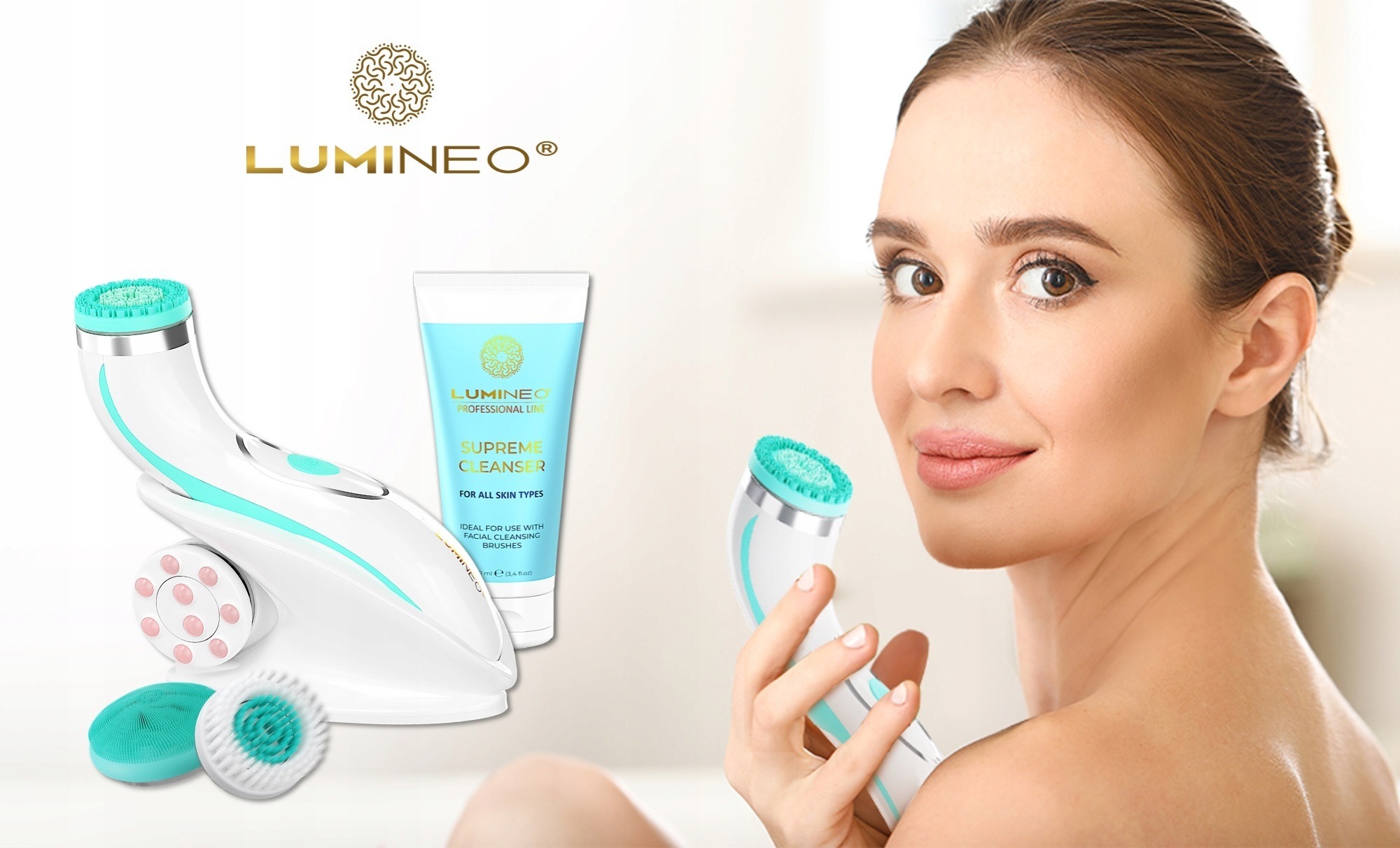 LUMINEO Brush PRO tyrkysová elektrická kefka na tvár, 4 hlavice + Supreme čistiaci gél 100 ml