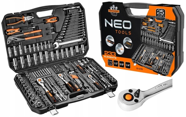 NEO TOOLS 10-078 sada nástrčných kľúčov 1/4", 3/8" a 1/2", 233 ks, CrV, 90-zubové račne