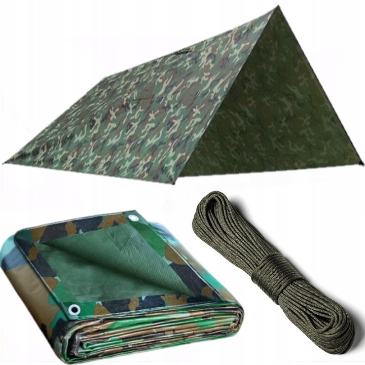 Turistický tarp 2 × 3 m maskáčový – survival prístrešok s Paracord 30 m pre bushcraft a kempovanie