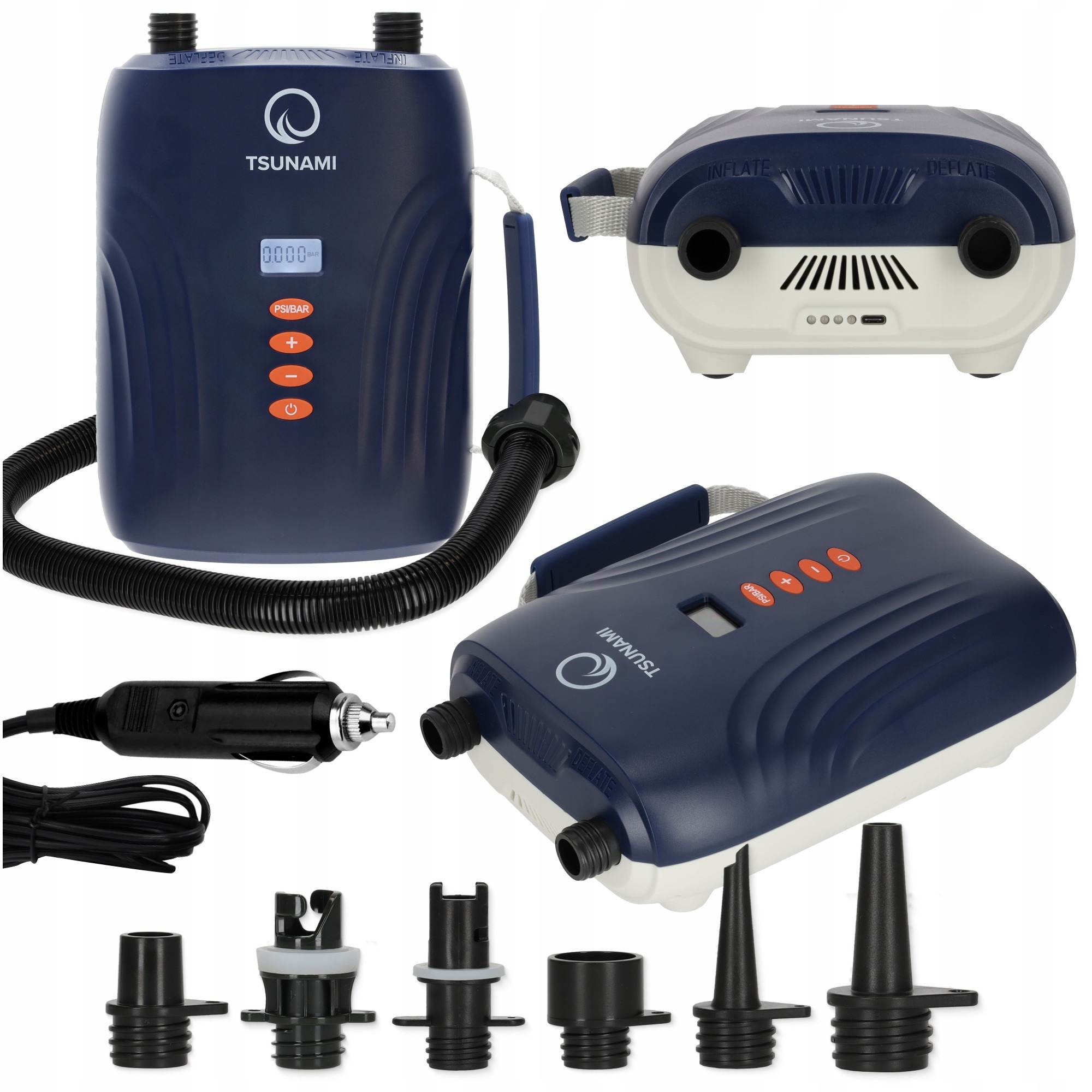 TSUNAMI CAR elektrická SUP pumpa 20 PSI 2v1 s LCD a vymeniteľnými nadstavcami