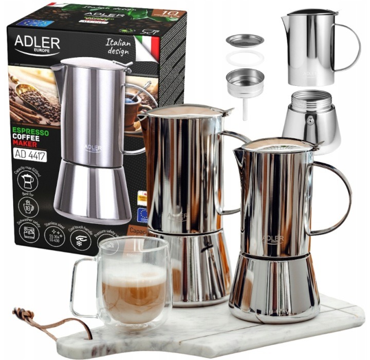 Adler AD 4417 – nerezový moka kávovar 620 ml na 10 šálok pre indukciu, plyn a všetky typy sporákov