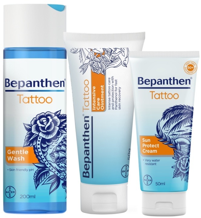 Bepanthen Tattoo sada na starostlivosť o tetovanie – masť 50 g + SPF 50+ krém 50 ml + čistiaci gél 200 ml