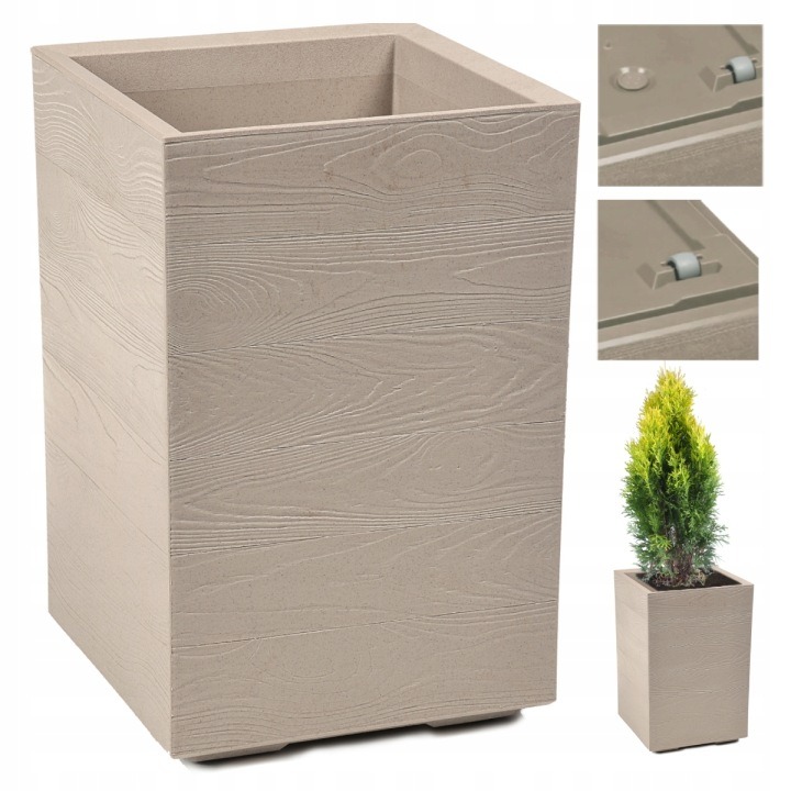 Kvetináč KARO ECO Coffee 60x40 cm s kolieskami – vysoký kvetináč s efektom dreva, latte