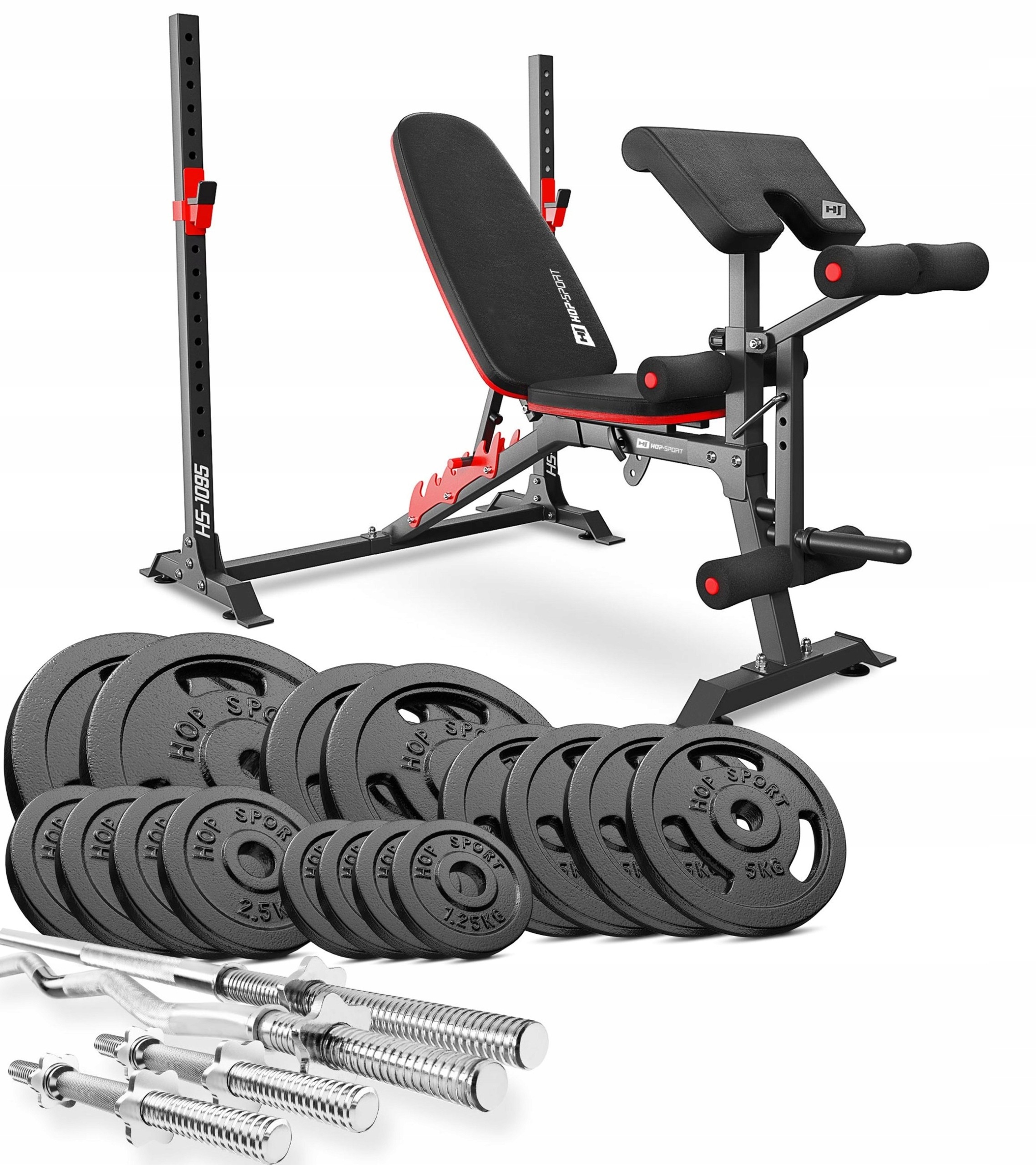Hop-Sport Strong 116 kg liatinová kulturistická sada s multifunkčnou lavicou HS-1055