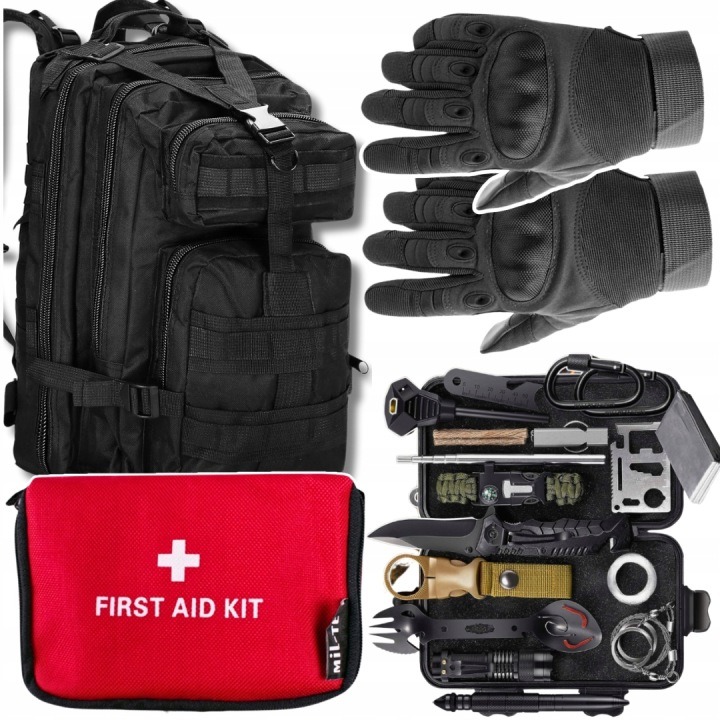 Bushcraft KIT 32 dielov čierny survival set s taktickým batohom 35 l, rukavicami XL a mini lekárničkou