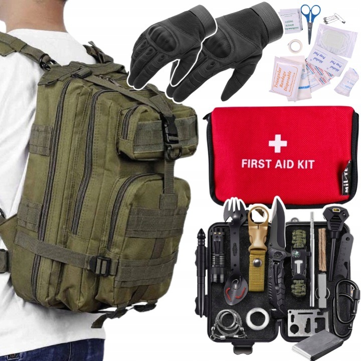 Bushcraft KIT 32 dielov survival set s taktickým batohom 35 l, rukavicami XL a mini lekárničkou