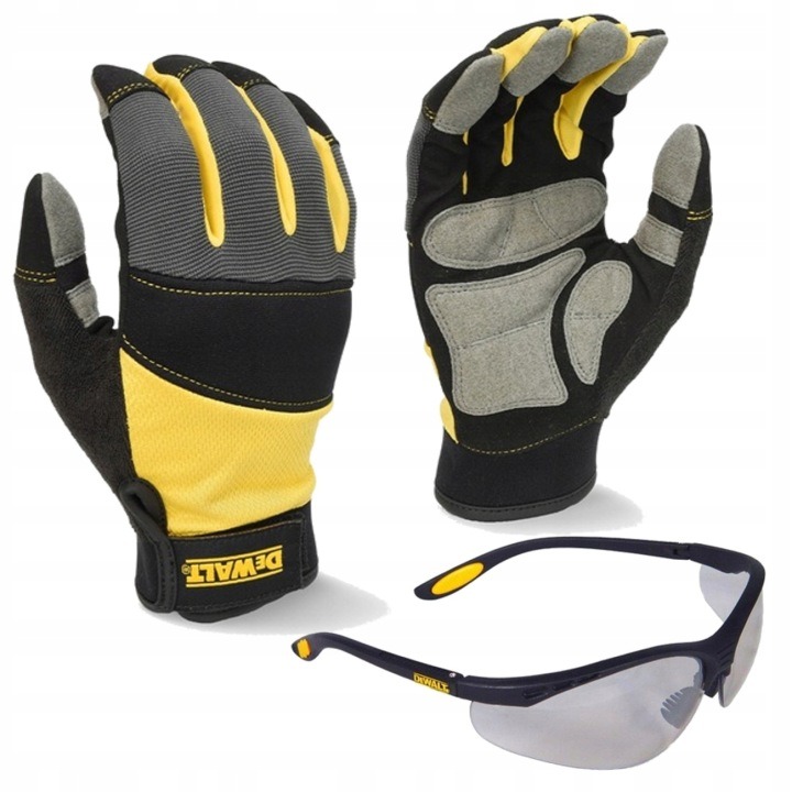 DeWalt DPG215L pracovné ochranné rukavice + ochranné okuliare DPG58-9D, vystužená sada pre náročnú prácu