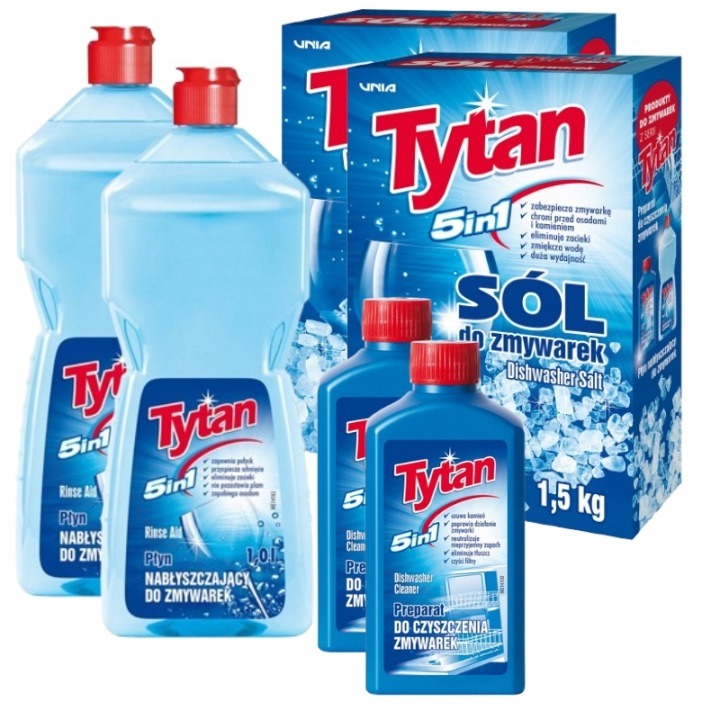 Tytan 5v1 sada do umývačky riadu – soľ 3 kg + čistič 500 ml + leštidlo 2 l