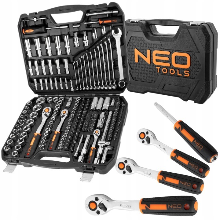NEO TOOLS MOTO EXPERT 10-076 sada nástrčných kľúčov 1/4", 3/8" a 1/2", 219 ks, CrV, 90-zubové račne