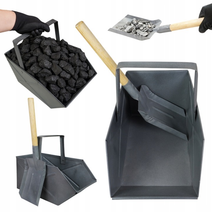 Krbová sada – kovová nádoba na uhlie 42,5 cm + stredná lopatka 51 cm s drevenou rukoväťou