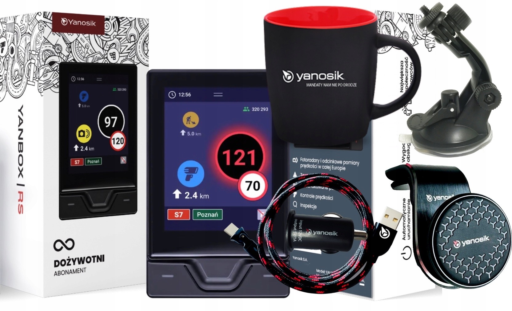 Yanosik RS s doživotným predplatným, 2,8" dotykový displej, GPS/LTE, Bluetooth + 2 držiaky a hrnček