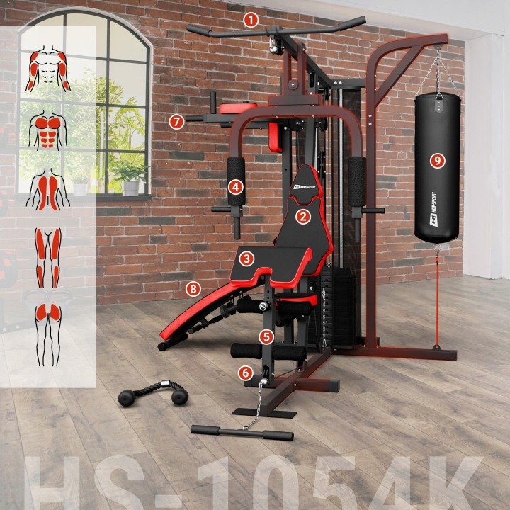 3-stanicový posilňovací atlas Hop-Sport HS-1054K, 72 kg, lavica, bradlá a boxovacie vrece