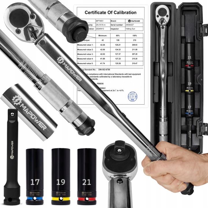 Momentový kľúč MAPOWER 1/2" 28–210 Nm s kalibračným certifikátom v puzdre
