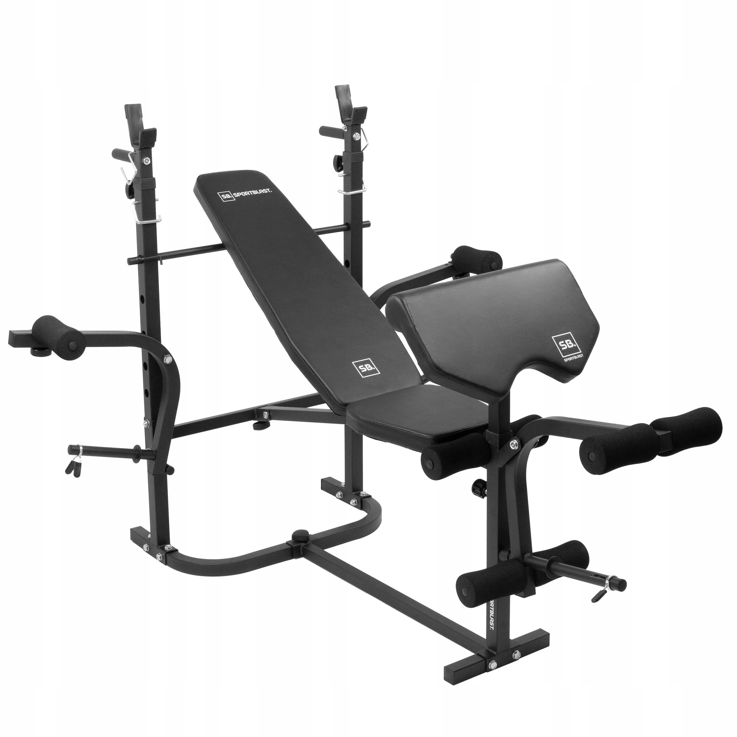 Multifunkčná posilňovacia lavica Hop-Sport HS-1065HB Pro so stojanmi, bicepsovou opierkou a leg pressom, nosnosť 250 kg