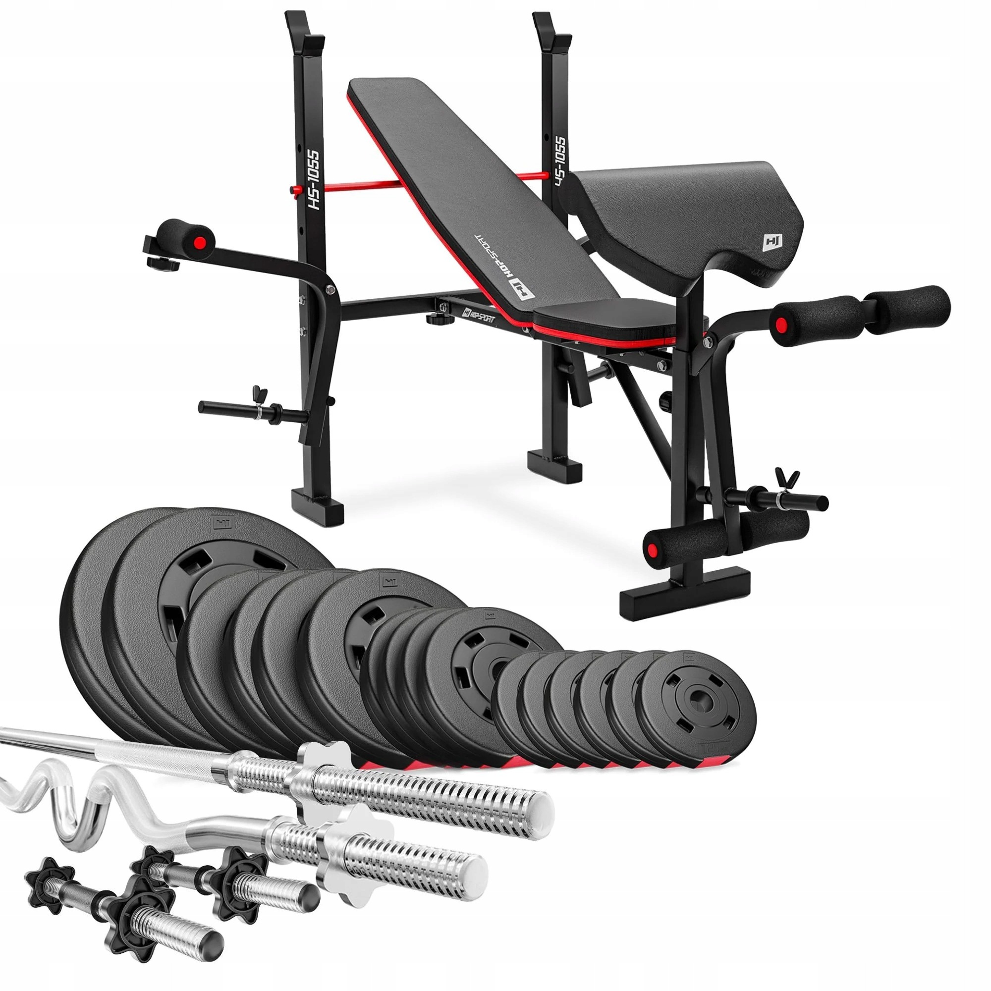 Hop-Sport Premium 76 kg kulturistická sada s lavicou HS-1055, stojanmi a činkami