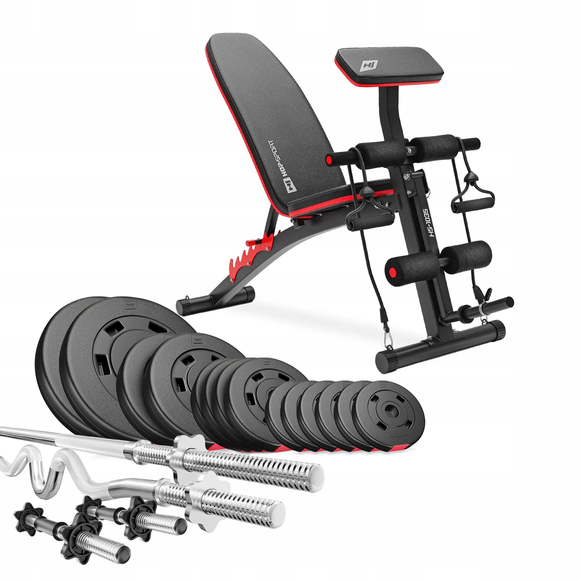 Hop-Sport Premium 66 kg kulturistická sada s lavicou HS-1035, kazateľskou opierkou a kompozitným závažím