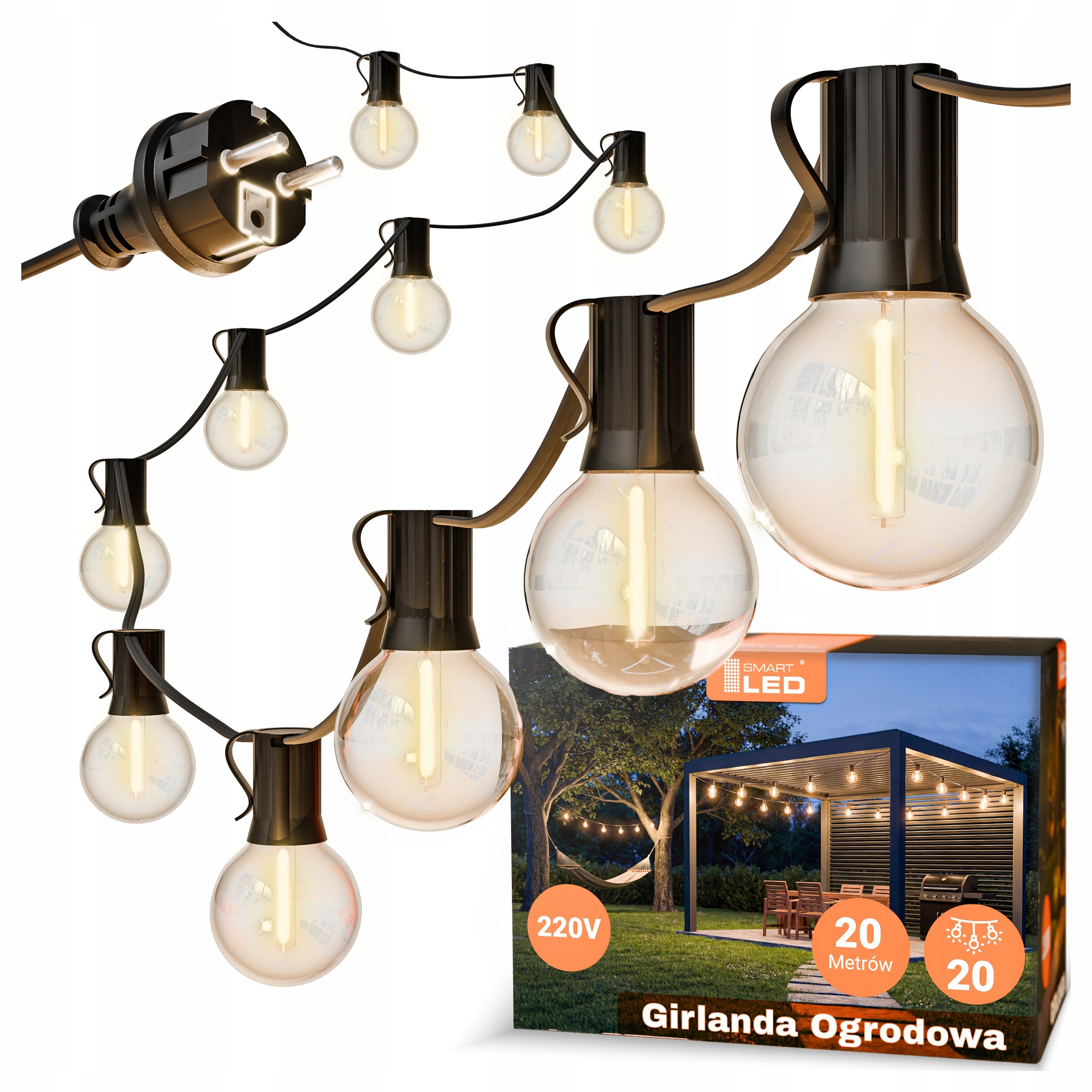 Záhradná svetelná girlanda 20 m s 20 LED žiarovkami E12