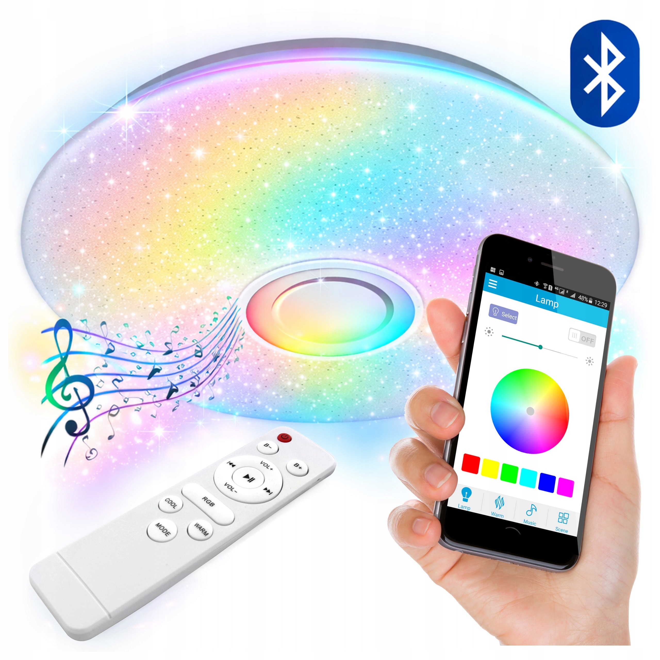 LED stropné svietidlo Porto RGB 72 W s Bluetooth reproduktorom – diaľkové ovládanie, aplikácia, stmievateľné