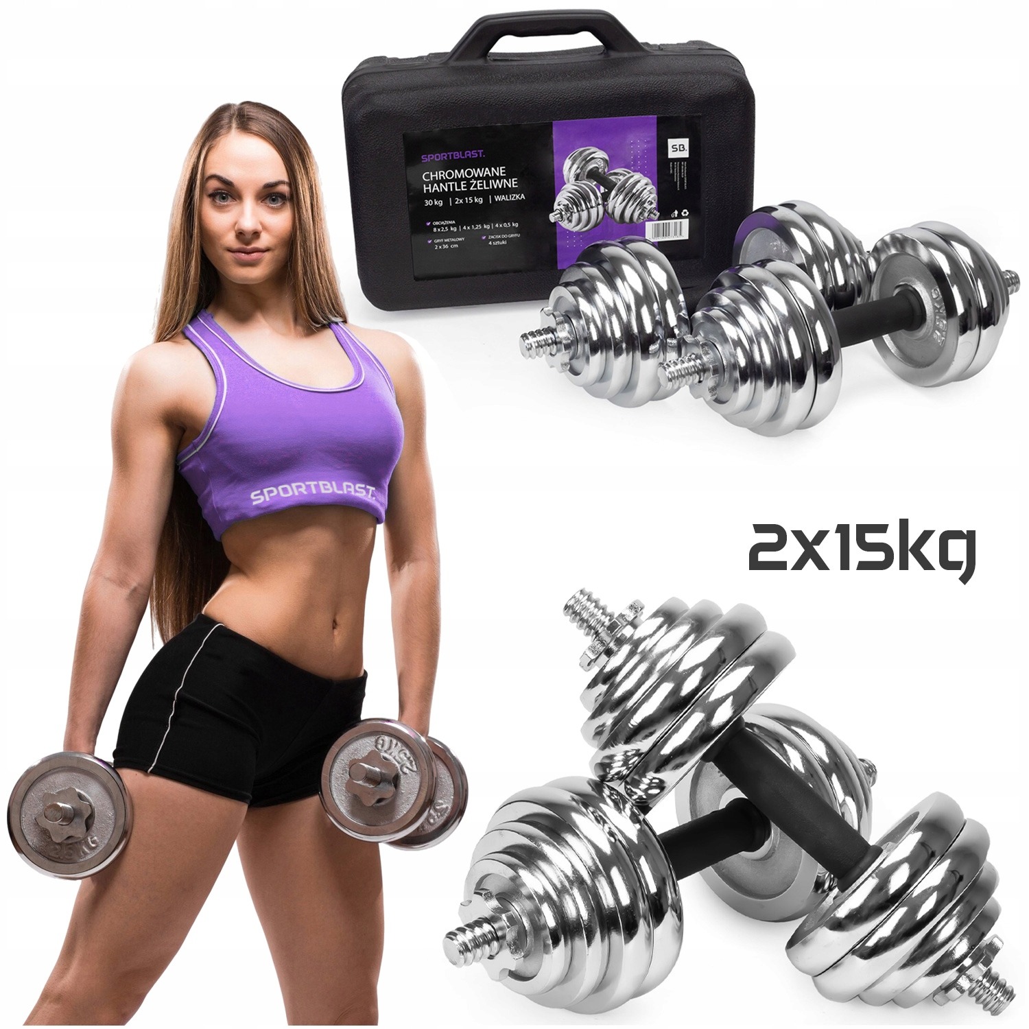 SPORT BLAST nastaviteľné chrómované činky 2 × 15 kg – 30 kg sada s kotúčmi a kufríkom