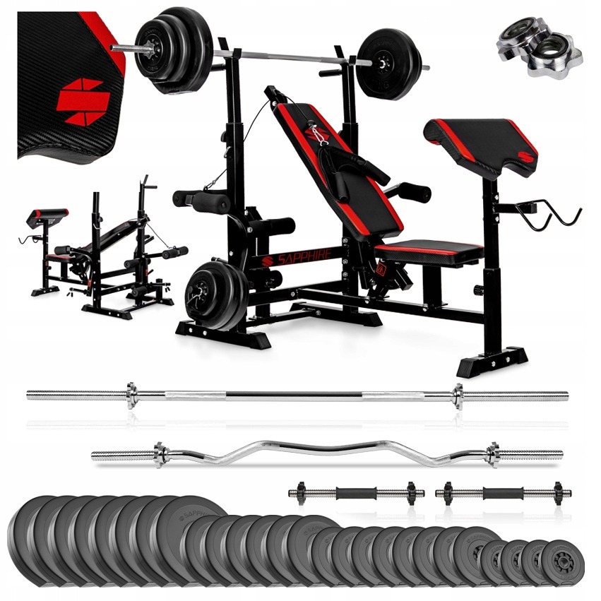 SAPPHIRE Solid 187 kg kulturistická sada s lavicou XG-600, kladkou, činkami a 135 kg závažím