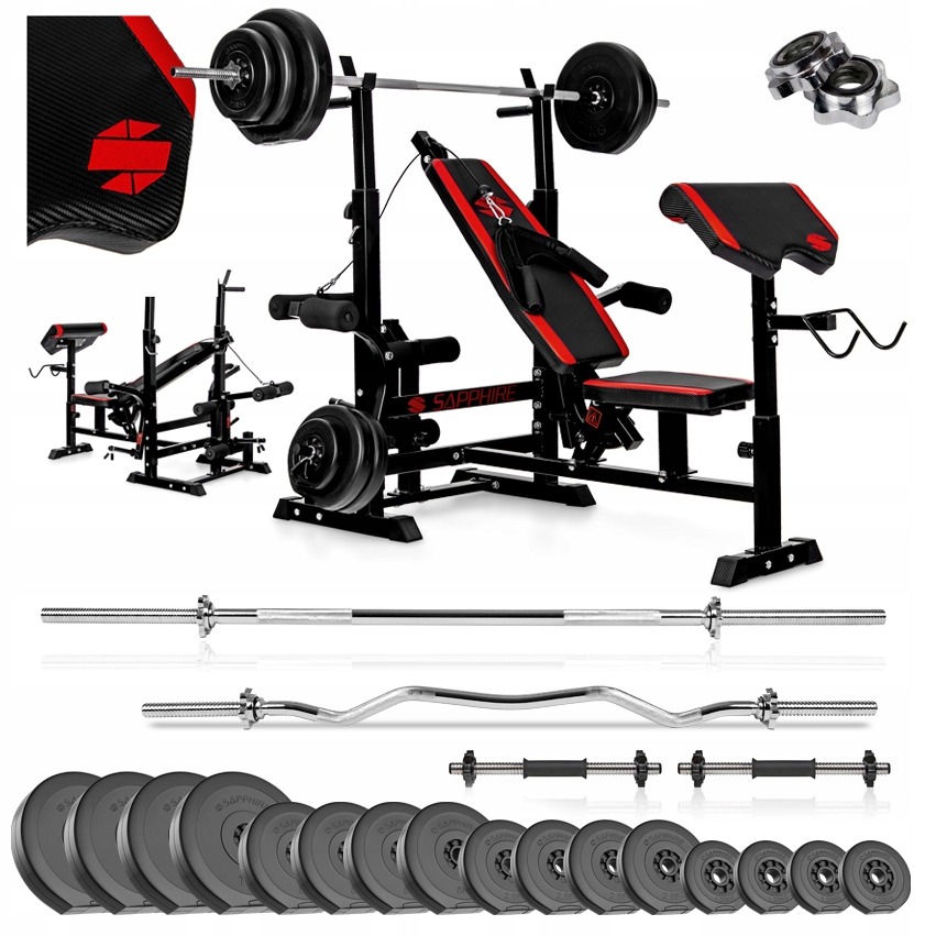 SAPPHIRE Solid 128 kg kulturistická sada s lavicou XG-600, kladkou, činkami a 75 kg závažím
