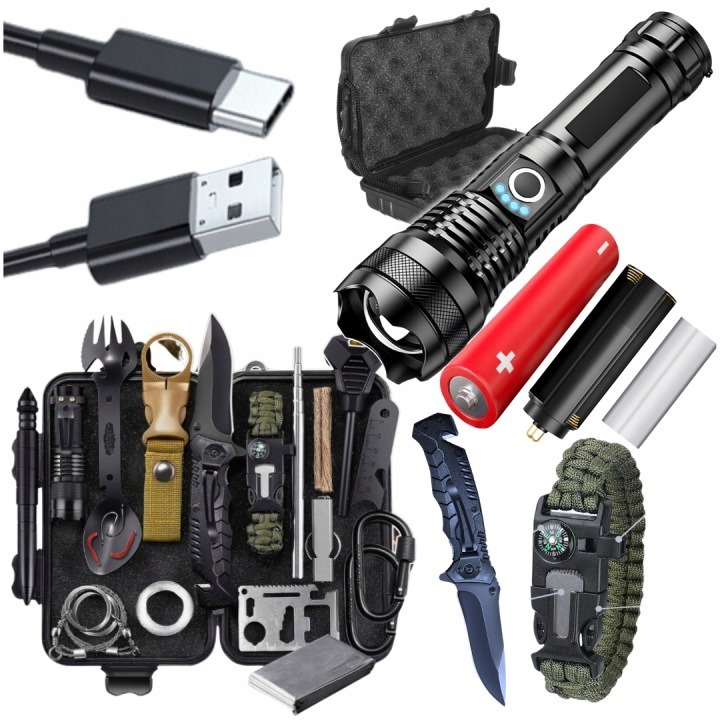 Bushcraft harcerský set 32v1 + taktická LED baterka 5000 lm survival výbava