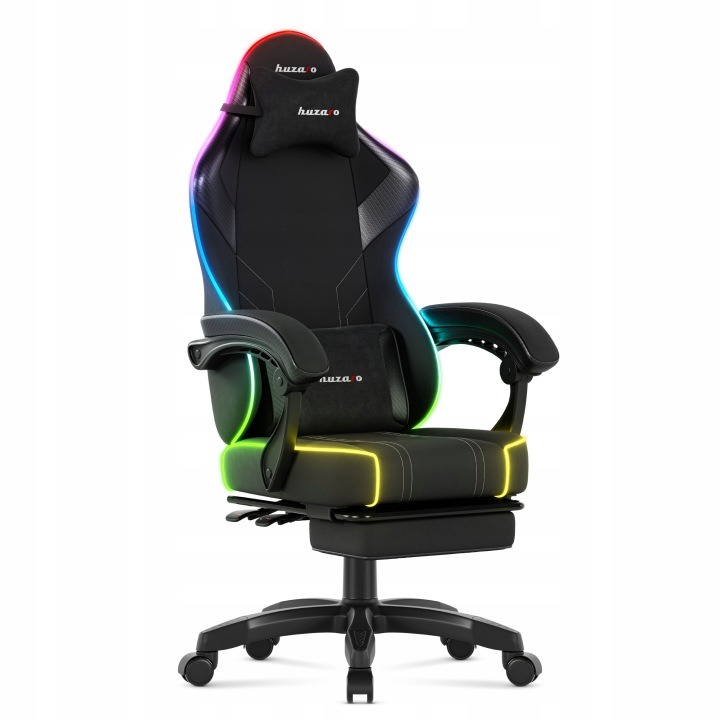 Herná stolička HUZARO Force 4.6 RGB – čierna otočná stolička s LED osvetlením, podnožkou a ergonomickými vankúšmi