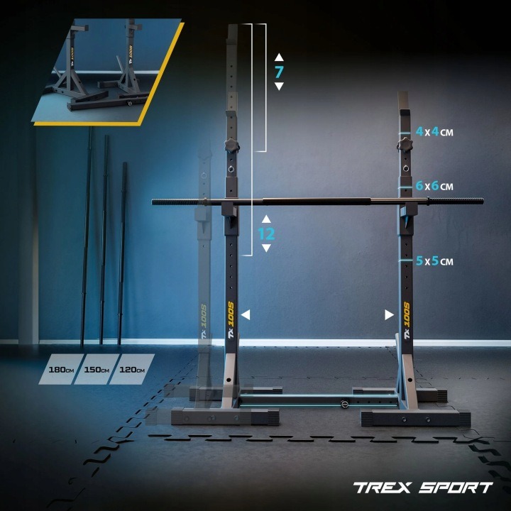 Nastaviteľné stojany pod činku Trex Sport – stojany na drep, bench press a dipy s poistnými ramenami