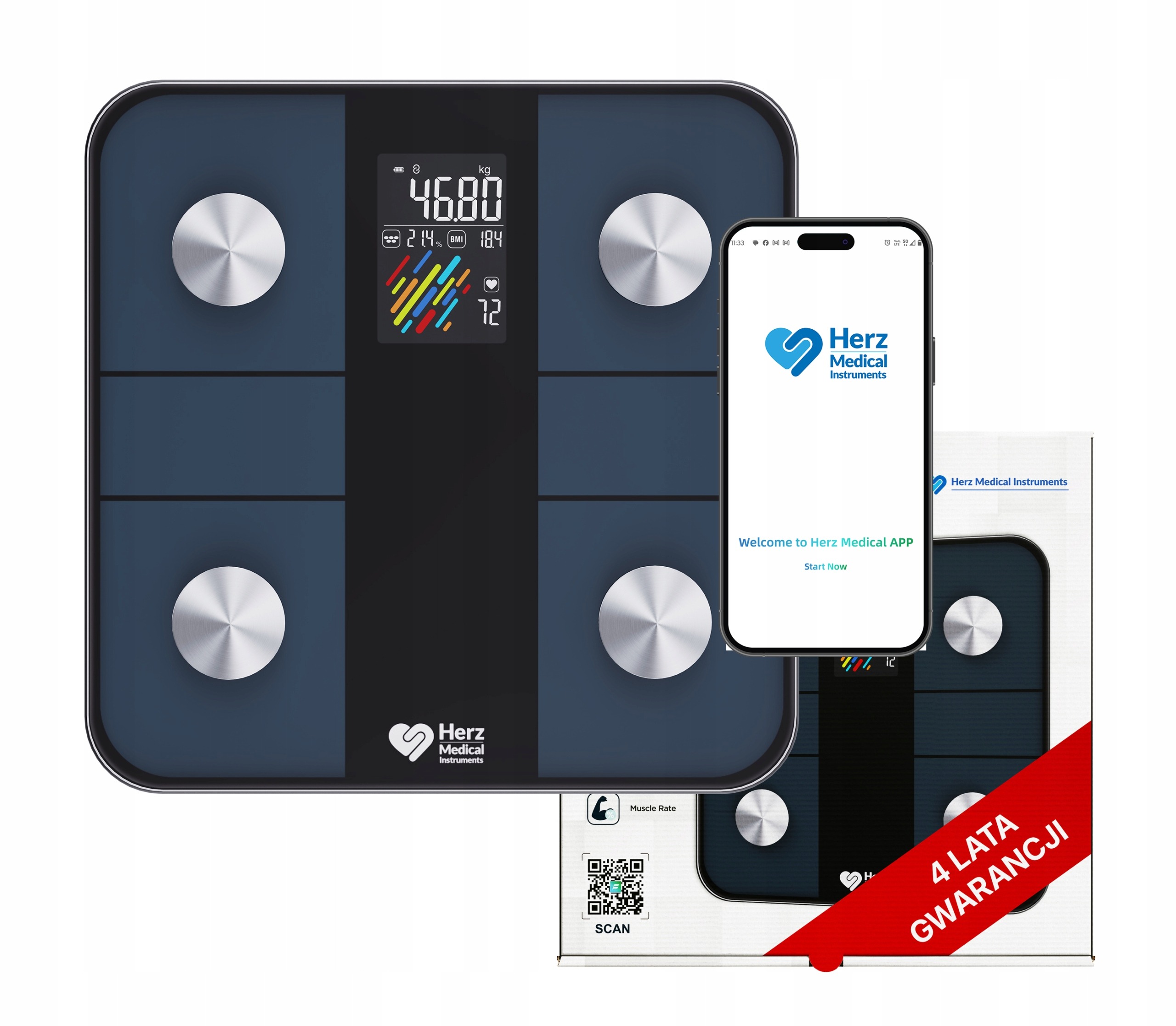 Analytická inteligentná osobná váha Herz Smart 2 s meraním BMI, telesného tuku a srdcovej frekvencie, Bluetooth, FIT DAYS