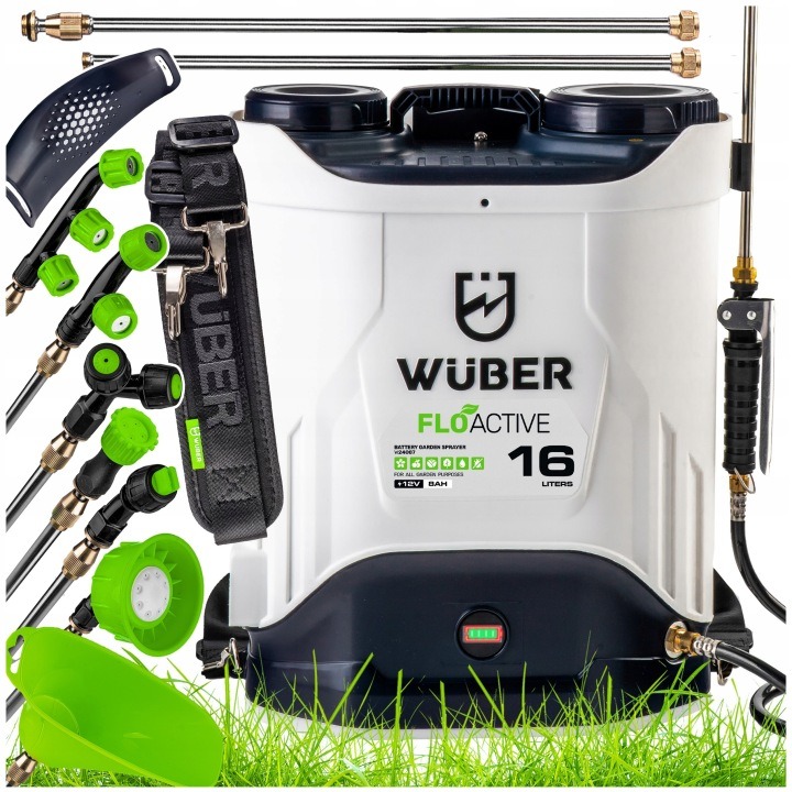 WUBER W24007 akumulátorový chrbtový postrekovač 16 l – elektrický tlakový postrekovač s miešadlom, 10 tryskami a batériou 12 V
