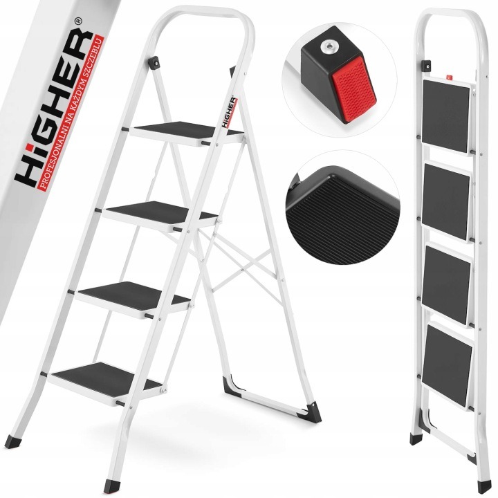 Skladací oceľový rebrík HIGHER 4 stupne biely, protišmykové schody, nosnosť 150 kg