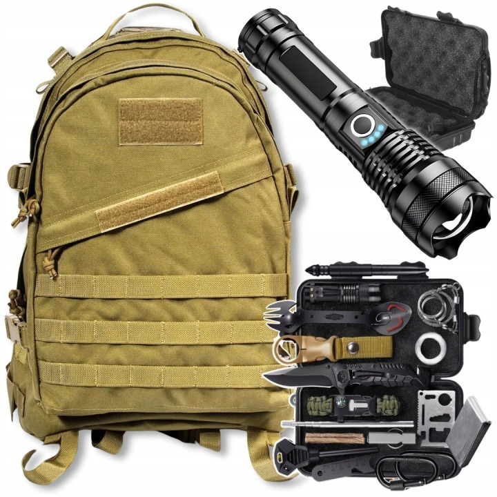 Plecak turystyczny taktický brązowy 30L + zestaw bushcraft 32v1 + latarka LED