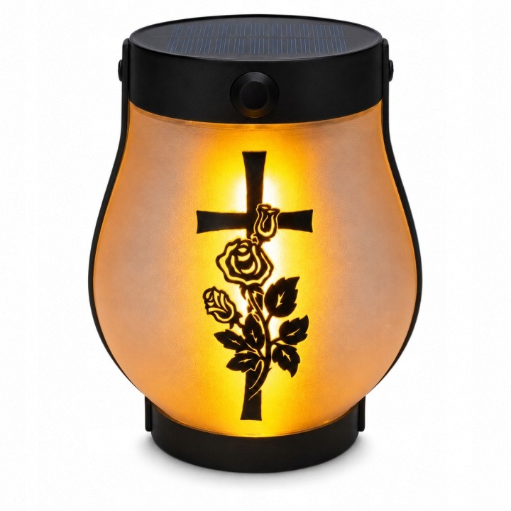 Solárna náhrobná LED lampa s krížom a ružou – USB-C nabíjanie, efekt plameňa