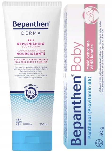Bepanthen Derma hĺbkovo vyživujúci telový balzam 200 ml + Bepanthen Baby zdarma – hydratácia suchej pokožky