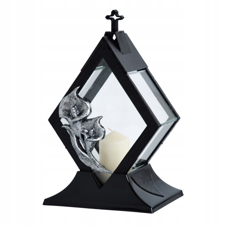 Čierny sklenený náhrobný lampáš DIAMENT KALIA 35 cm – elegantná sviečka na hrob so striebornými detailmi