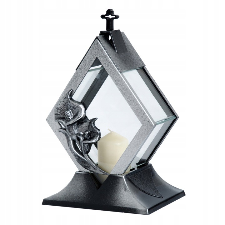 Strieborný sklenený náhrobný lampáš DIAMENT KALIA 35 cm – elegantná sviečka na hrob s kvetinovým motívom