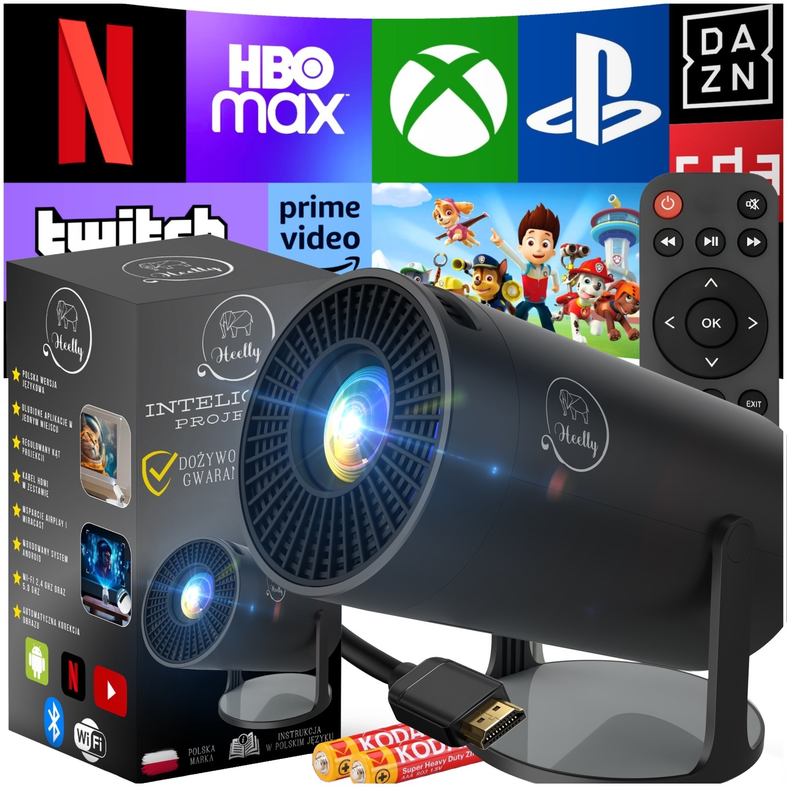 Mini projektor HEELLY Android TV Smart 4K WiFi – prenosný otočný projektor s Bluetooth a reproduktorom