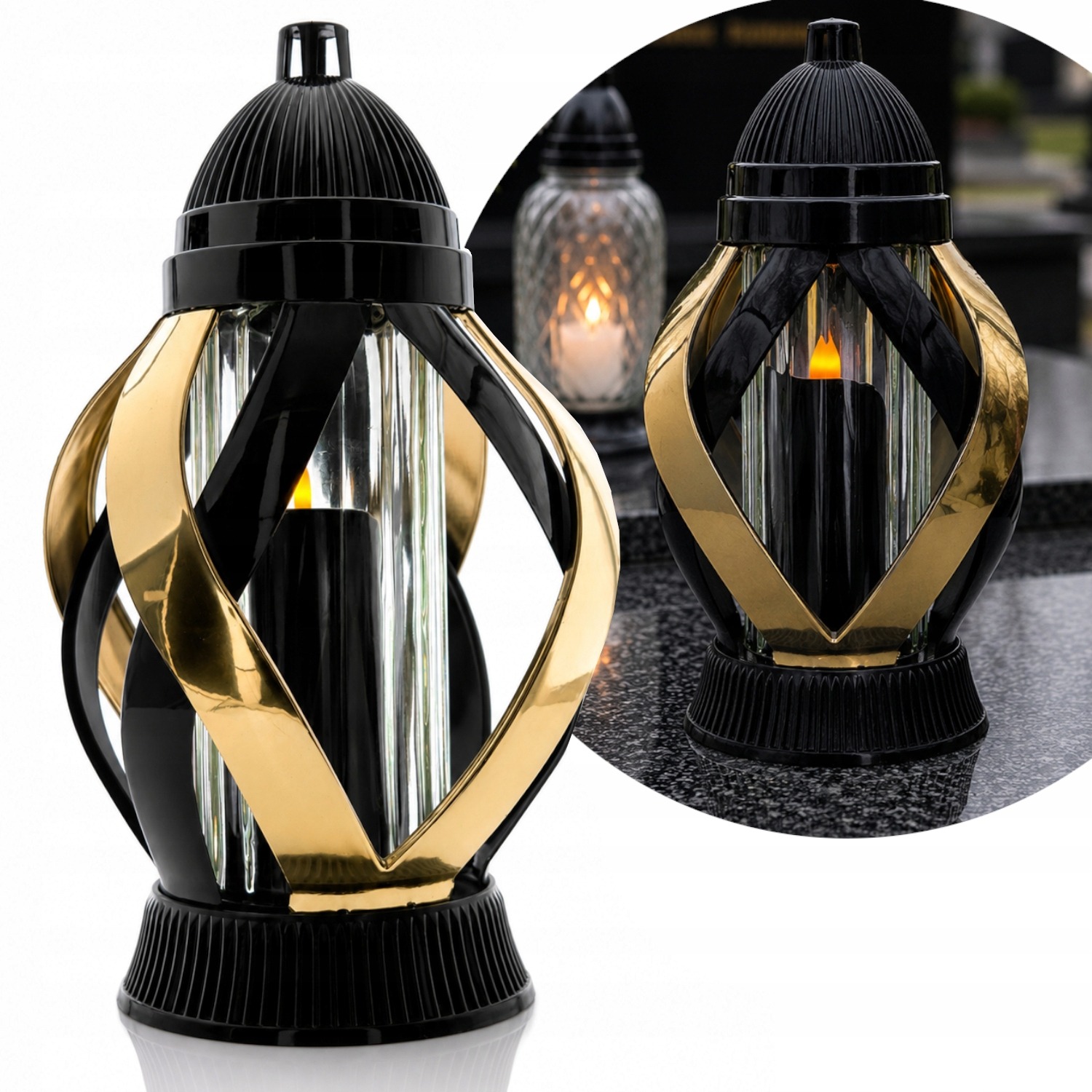 Moderný cintorínsky lampáš NICZ WSTĘGA METALLIZ 29 cm – čierna sviečka so zlatou dekoratívnou stuhou