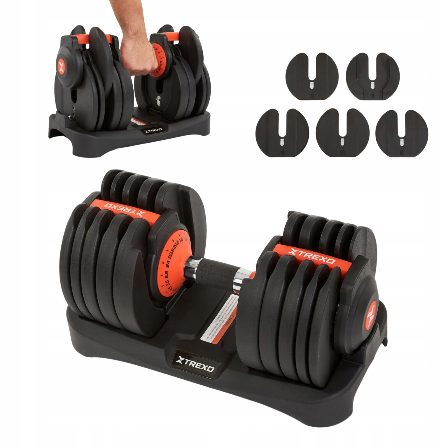 Xtrexo nastaviteľné činky, liatina, pogumovaná činka so stojanom, 2,5 - 24 kg